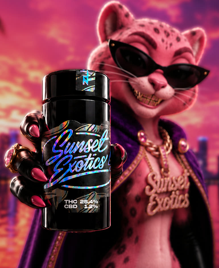 Sunset Exotics panther mascot presenting the premium flower jar